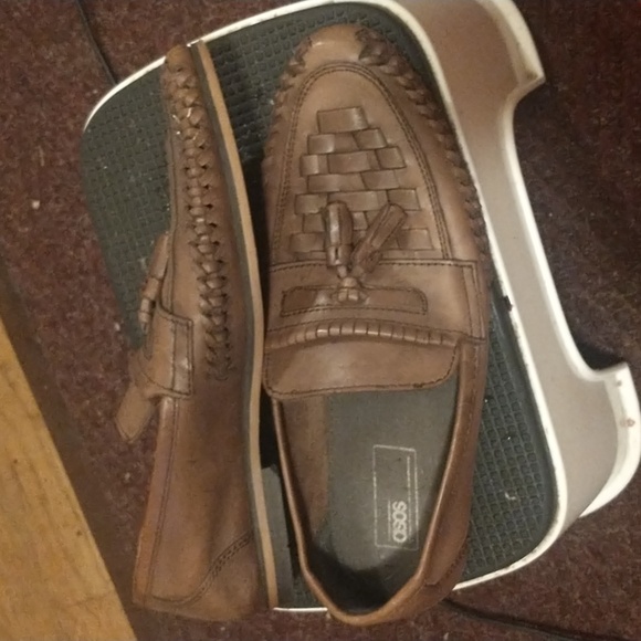 ASOS WALK LONDON Cognac Woven Leather Saddle Loafers Ft Apron Tops & Tasselling - Picture 9 of 15